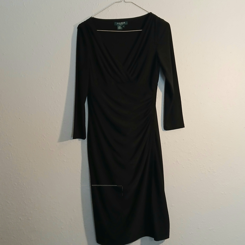 Vintage Lauren Ralph Lauren Size 4 Black Faux Wrap Midi 3/4 Sleeve Dress